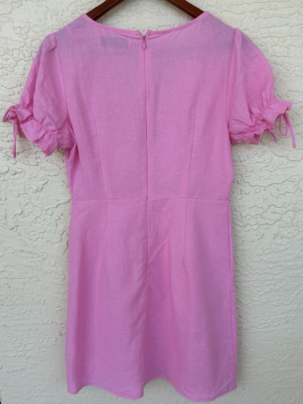 Hello Molly Pink Linen Blend Puff Sleeve Mini Dress Cottagecore Slit M - Picture 6 of 8